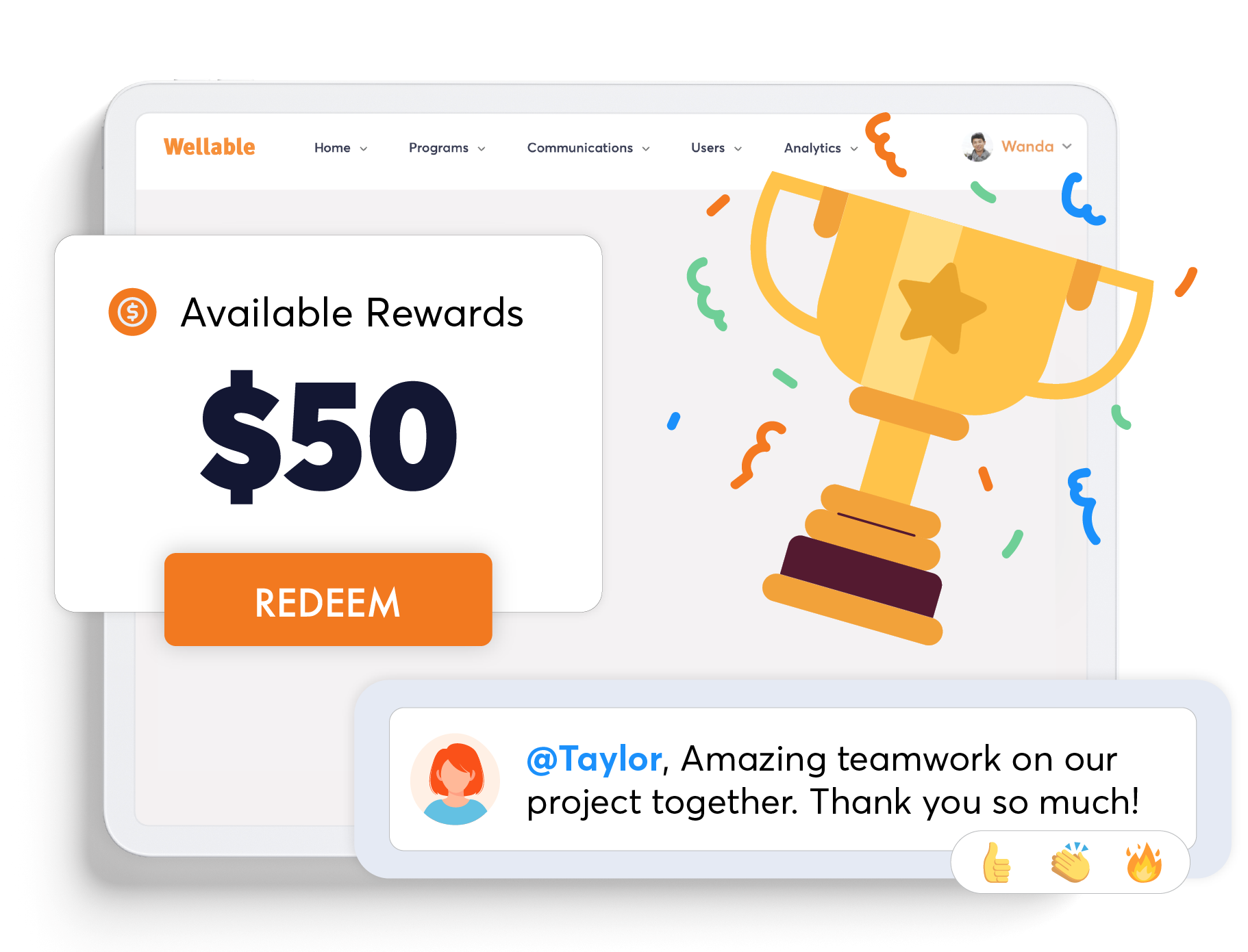 Wellable recognition tool showing available rewards and a peer-to-peer shout-out