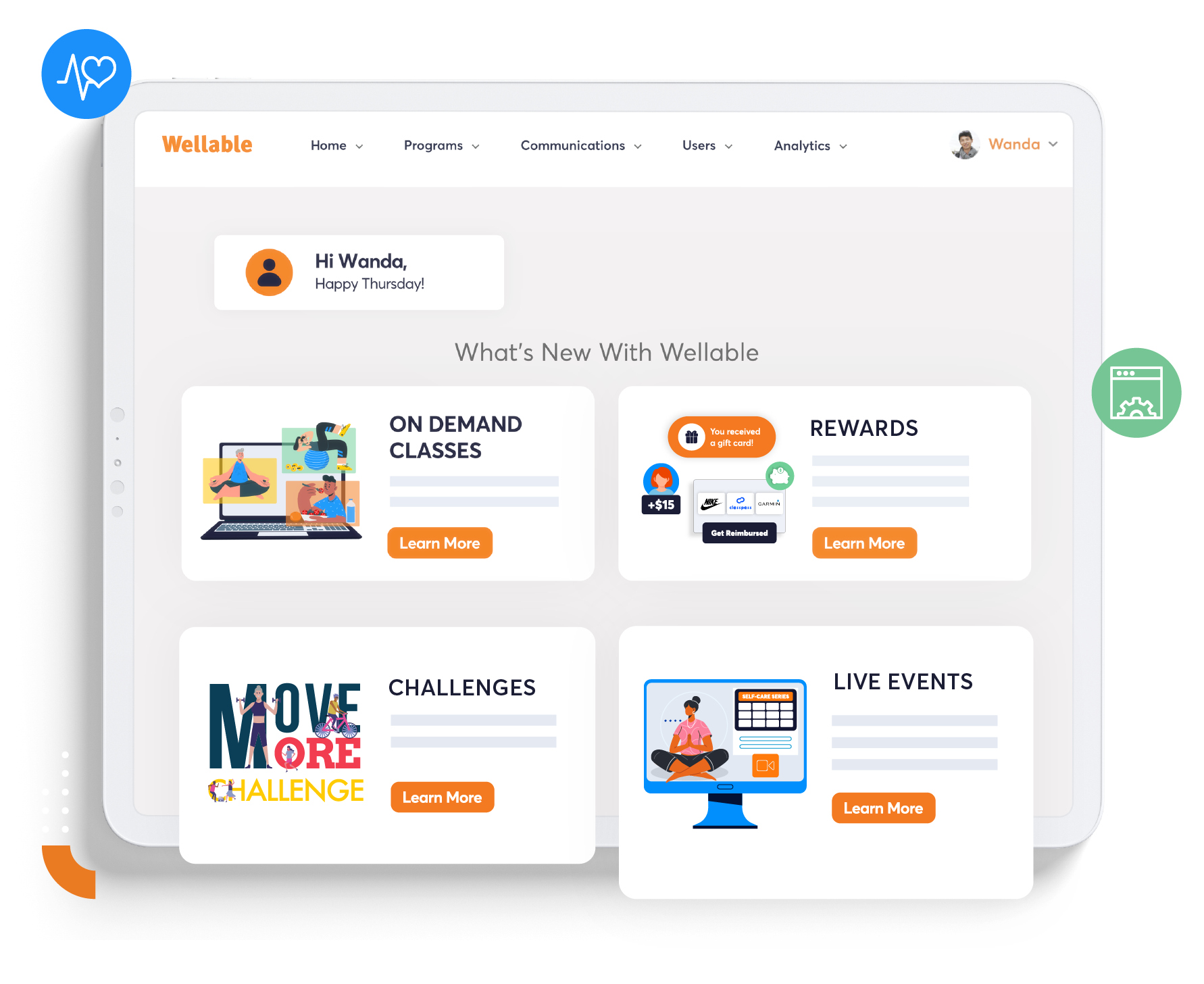 Wellable wellness platform dashboard showing on-demand classes, rewards, challenges, and live events